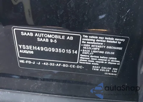 2009 Saab 9-5 Aero z USA, uszkodzony, nr VIN YS3EH49G093501514